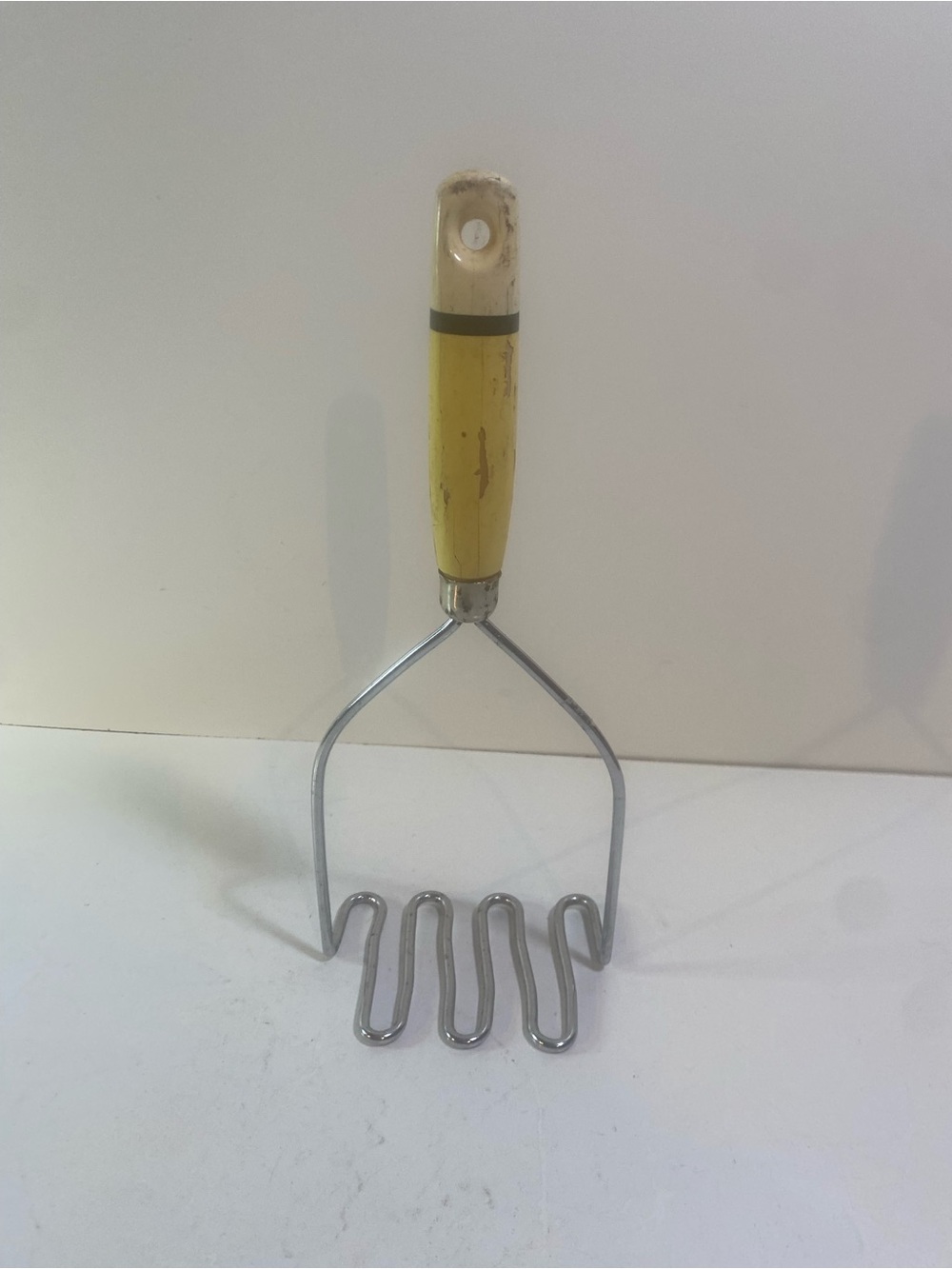 Vintage Wooden Yellow White Handle With Black Stripe Potato Masher